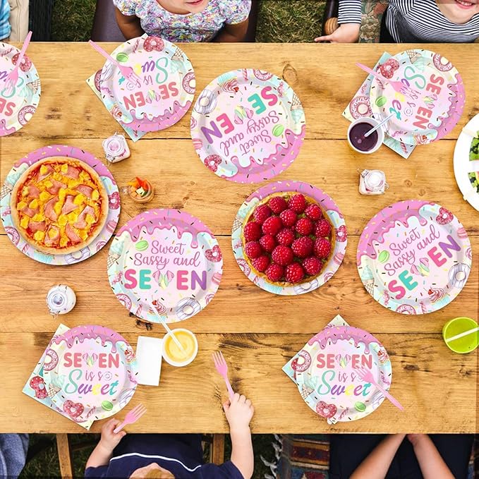 Grencian 96 Pcs Sweet Sassy and 7 Birthday Decorations Donut 7th Birthday Party Decorations for Girls Colorful Donut Plates and Napkins 7 Years Old Disposable Party Supplies Serves 24