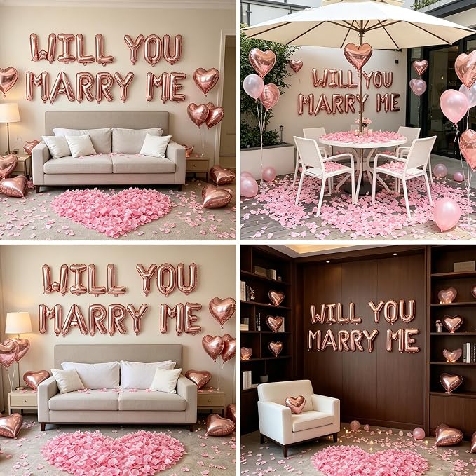 2 Set Rose Gold WILL YOU MARRY ME Balloons - 28pcs 16" Letter Balloons 10pcs 18" Heart Balloons 1200pcs Rose Gold Artificial Rose Petals Alphabet Foil Mylar Balloons for Valentines Day Decorations