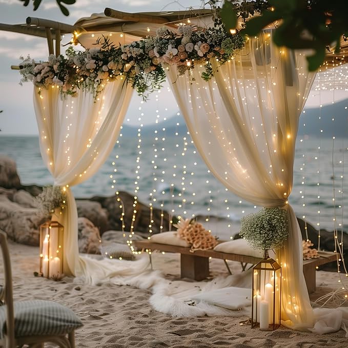 Fomcet Tulle Backdrop Curtains Champagne 20FT X 10FT Tulle Curtains with Lights String Sheer Backdrop Curtain for Parties Wedding Baby Shower Photo Shoot Decorations (4 Panels 5x10FT)