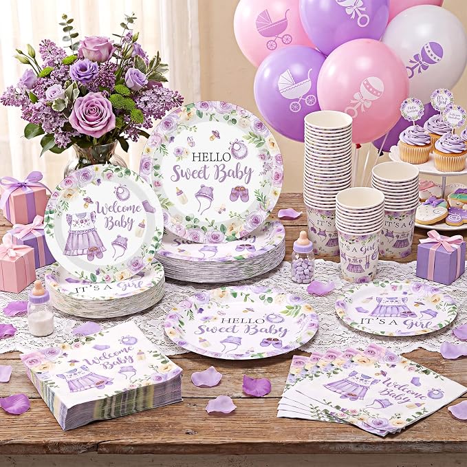 Pickmesh 250 Pcs Purple Floral Baby Girl Shower Disposable Tableware Set Hello Sweet Baby Paper Plates Napkins Cups Cutlery for Gender Reveal Birthday Party Supplies Babies Shower, Serve 50 Guest