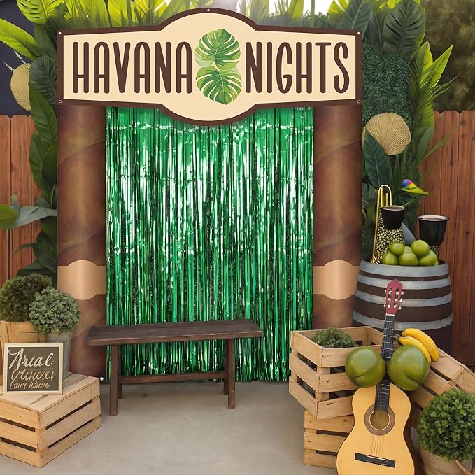 Peryiter 5 Pcs Havana Nights Party Decorations Cuban Party Decoration Arch Banners, Green Foil Fringe Curtains for Cuban Tropical Photo Booth & Entrance Backdrop Birthday Baby Shower Favors