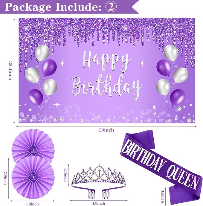 Purple Birthday Decorations for Women Girls, 30pcs Birthday Queen Crown and Sash, Purple Banner Balloons Backdrop Hanging Swirls Paper Fans Bday Party Decorations Kit Gifts for Her