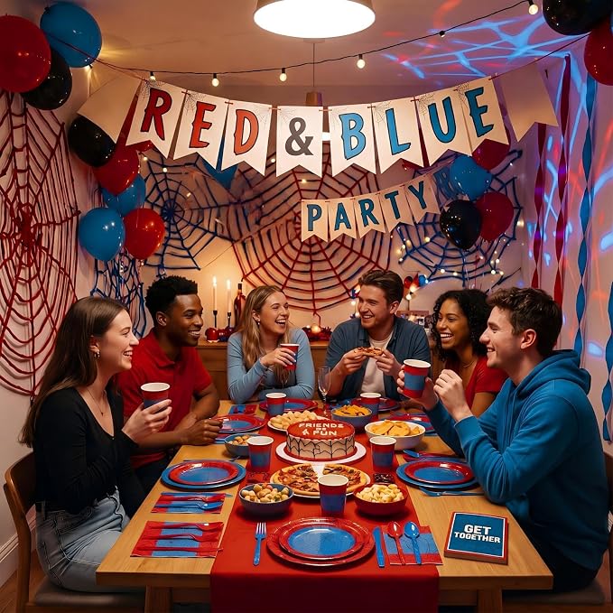 400 Pcs Spider Birthday Party Decoration for 50 Guests, Red Blue Paper Plates Napkins Cups Tablecloth Cutlery Disposable Tableware Set for Spider Web Party Supplies