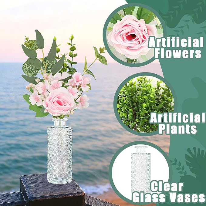 WARMALL Artificial Flowers with Vases, 16 Pcs Bud Vases, & 81 Pcs Artificial Plants DIY Set Suitable for Centerpieces Table Weddings Party Office and Indoor Decor Mini Small Glass Clear(White)