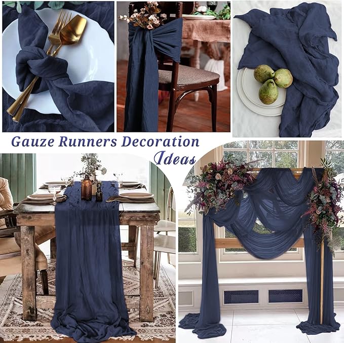 10 Pcs Navy Blue Cheesecloth Table Runner 10FT, Gauze Table Runner for Wedding Reception Sheer Bridal Shower Birthday Party Boho Table Decoration, Rustic Romantic Wedding Runner