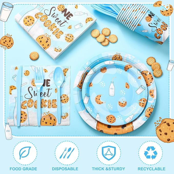 Yungyan 252 Pcs Milk and Cookies Birthday Party Tableware Set One Sweet Cookie Plates Napkins Cups Forks Knives Spoons for 1st Birthday Party Decorations Supplies 36 guests