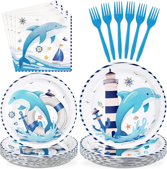 96Pcs Dolphin Party Supplies Funny Ocean Dolphin Nautical Plates and Napkins Disposable Cute Under the Sea Animal Tableware Set for Kids Nautical Baby Shower Birthday Party Decorations Serves 24