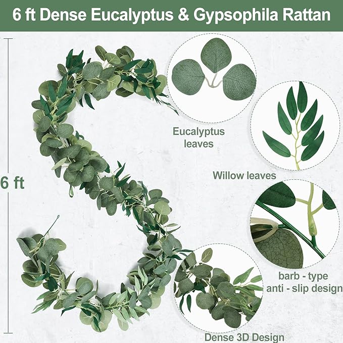 6Ft Eucalyptus Garland, Upgrade Bushy Artificial Greenery Garlands lvy Vines with Willow Leaves for Wedding Arch Home Party Table Runner Centerpiece Decor