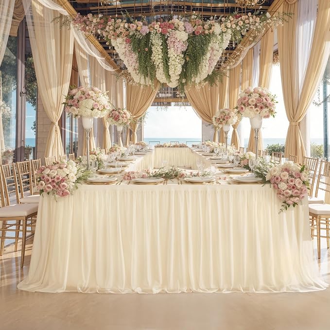 Champagne Tablecloth 6 Foot Rectangle, Tulle Table Skirt for Rectangle Tables 6ft Fitted Desk Skirt Banquet Birthday Party Wedding Champagne Table Cloths Cover