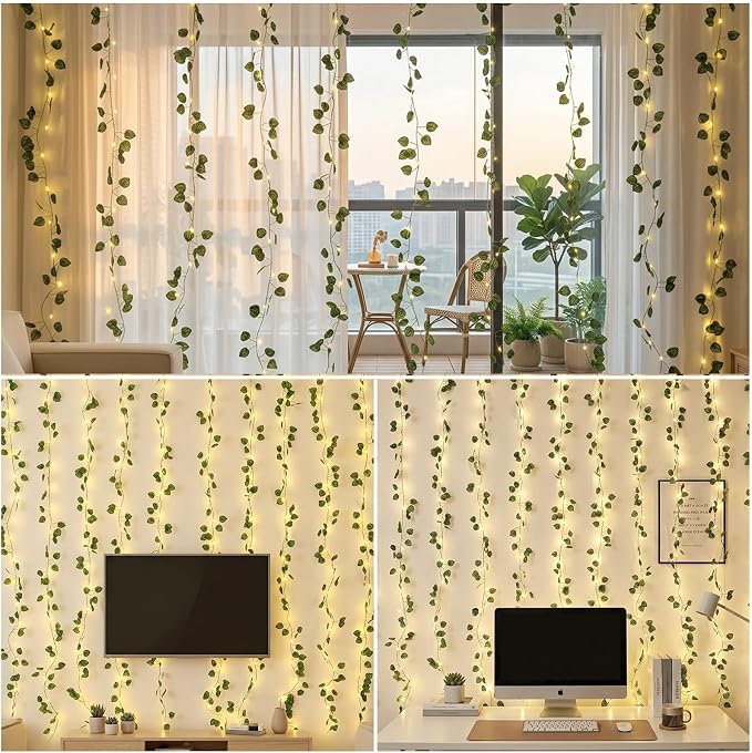 Bexdir 200 LED Curtain Vine Lights for Bedroom Decoration, 6.6x6.6ft Pre-Assembled Hanging Fake Vines with Fairy Lights USB Powered, Aesthetic Artificial Watermelon Lights for Room Wall Decor