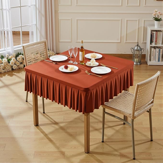 Wish Care Rust Spandex Tablecloths for 34x34 Inch Square Tables, Stretch Fitted Table Clothes with Pleated Ruffle Skirt for 34” Table, Wrinkle Free and Elastic, for Party Kitchen Home Dining