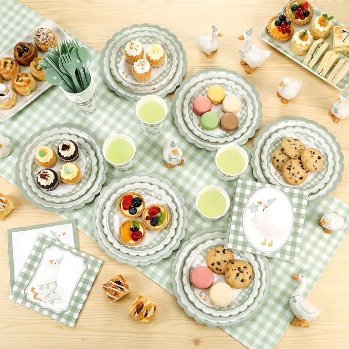 Zhehao 350 Pcs One Silly Goose Birthday Party Tableware Set Sage Green Bow Scalloped Baby Shower Plates Cup Napkins Forks for Birthday Party Decorations Supplies for 50 Guests