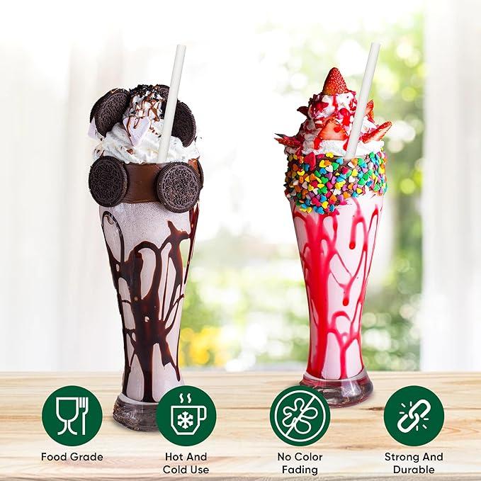 [300 Pack] Biodegradable 10 Inch Long Giant Paper Drinking Straws 8mm Wide - Individually Wrapped, Plain White