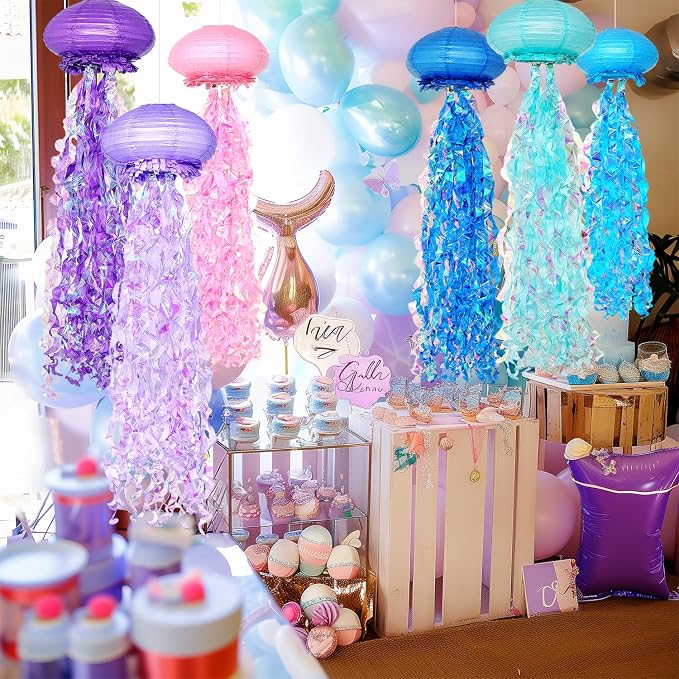 OBXT Hanging Jellyfish Lanterns Multi-Color 6 Pack - Ocean-Themed Decor for Under the Sea Mermaid Birthday Party Classroom & VBS Baby Shower Beach Theme