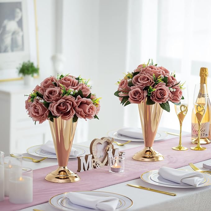 Gold Vase Centerpiece Table Decorations - 10 Pcs Metal Tabletop Flower Stand, Wedding Decorations for Reception, 9.8in Trumpet Tall Flower Vase for Birthday, Weddings, Anniversary, Home Decor