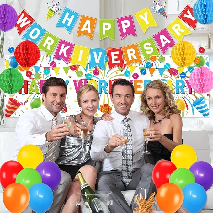 Holkcog Happy Workiversary Decorations for Coworker, Colorful Happy Workiversary Banner Honeycomb Ornament and Balls、Colorful Balloons Decor Set for Work Anniversary Employee Office Party Supplies