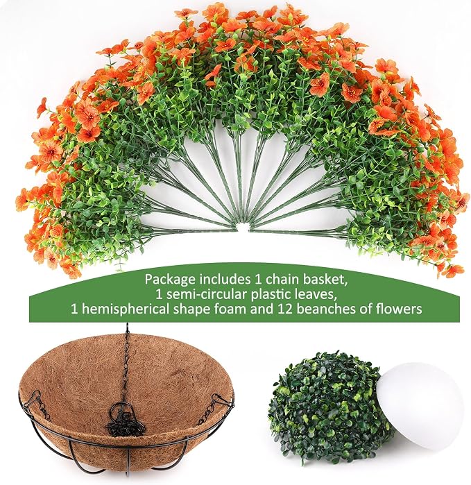 AGIRL Artificial Hanging Flowers with Baskets for Outdoors,UV Resistant Fake Hanging Plants for Outdoor Porch Patio Garden, Realistic Silk Flowers for Spring Summer Home Decor(Orange)