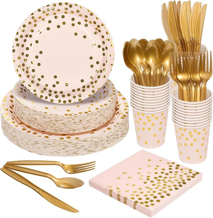 Goodlluck 350PCS Pink Gold Foil Polka Dot Disposable Party Tableware Set, 50 Guests | 9" & 7" Golden Dot Disposable Paper Plates, 9oz Cups, Napkins & Gold Cutlery for Birthday, Wedding & Baby Shower