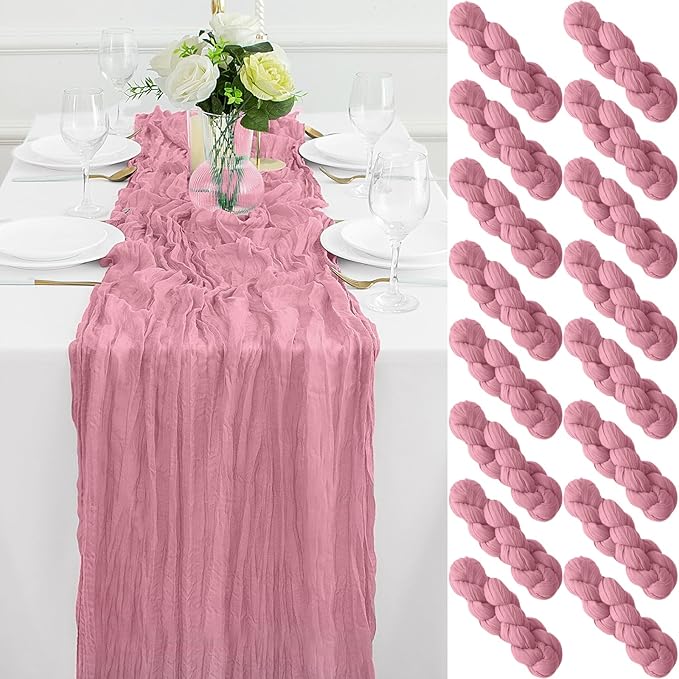 16Pack Dusty Rose Cheesecloth Table Runner 10FT Dusty Rose Gauze Table Runner 35x120Inch Long Boho Spring Easter Table Runners Rustic Sheer Table Runners for Wedding Party Table Decor