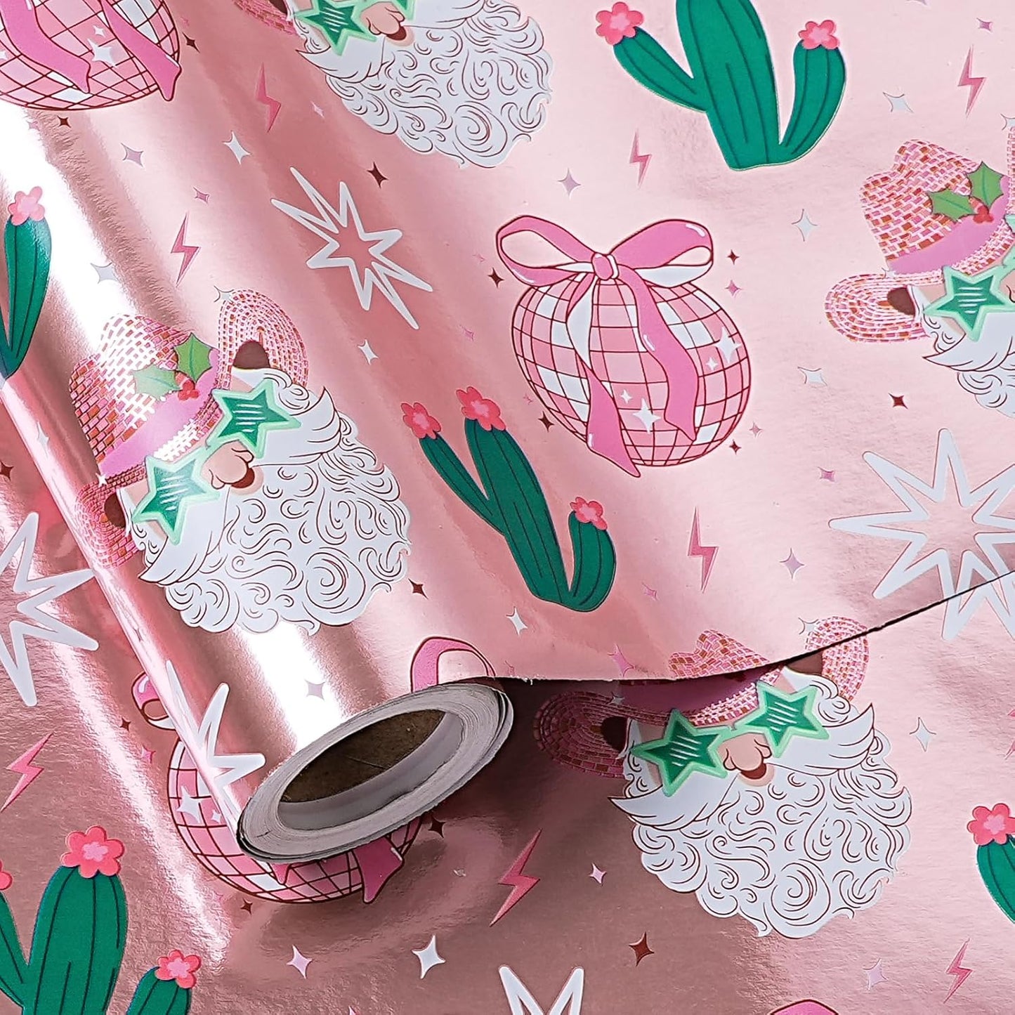 LeZakaa Pink Christmas Wrapping Paper Roll for Girls Women, Santa Disco Ball Cactus Design, Rose Gold Foil Western CowGirls Holiday Gift Wrap, Mini Roll 17 in x 16.4 Ft