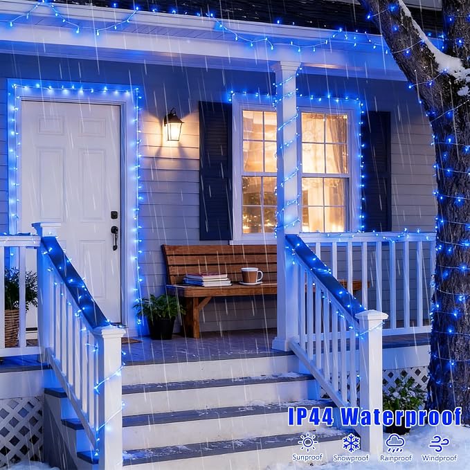 QITONG 2 Pack Battery Operated String Lights, Each 33ft 100 LED Blue Christmas Lights Outdoor Waterproof, 8 Modes Clear Wire Twinkle Fairy Lights Indoor with Remote