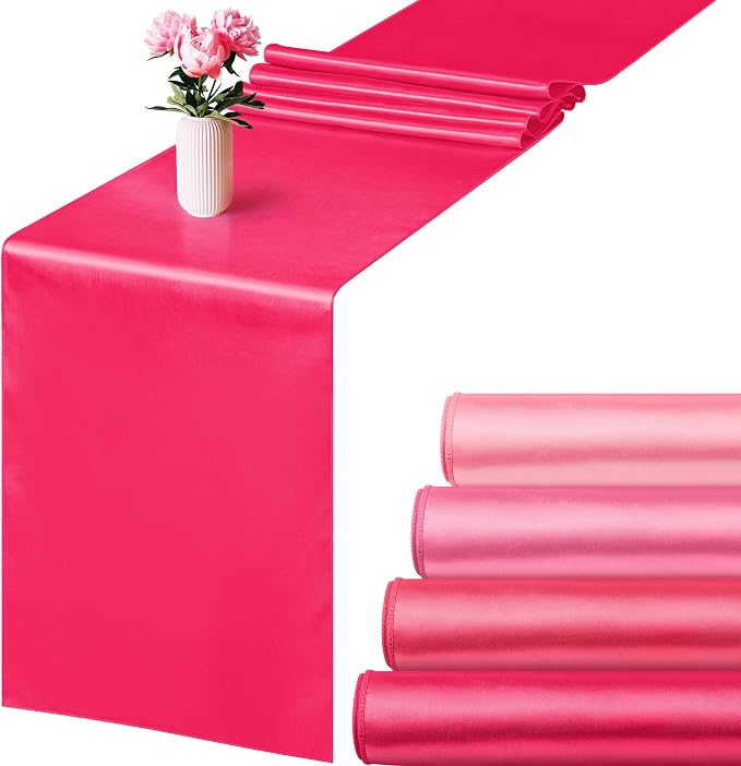 Aneco 4 Pack Satin Table Runner 12 x 108 Inch Gradient Hot Pink Colors Long Wedding Satin Silk Table Runner for Wedding Banquet Graduations Birthday Party Decoration