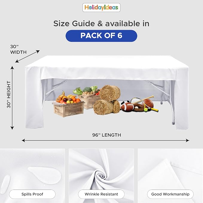 HolidayIdeas 6-Pack 8ft Open Back Fitted Tablecloths for Craft Shows White | 3-Sided coverage wrinkle resistant tablecloths for vendor booths,banquet events,outdoor pop-up shop
