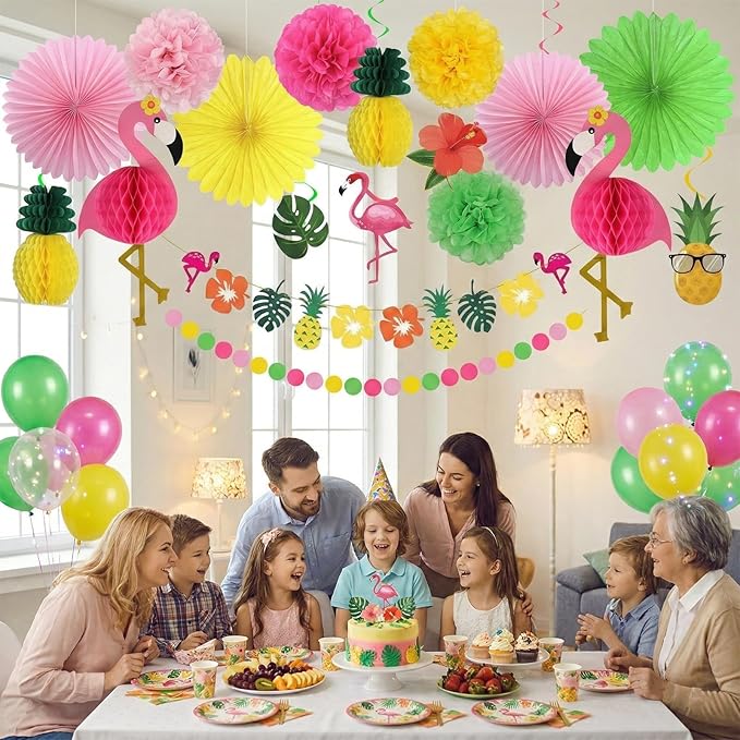 ADLKGG 21 Pcs Tropical Luau Party Decorations, 21" Large 3D Flamingo Honeycombs, Paper Fans, Banners, Hanging Swirls for Hawaiian Birthday, Summer Beach Party, Classroom Decor