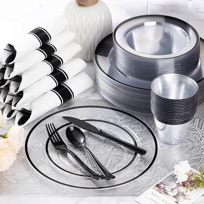 Goodluck 350 Piece Black Plastic Dinnerware Set for Party, Clear Disposable Plates for 50 Guests, Includes 100 Plates, 50 Pre Rolled Napkins with Cutlery Set, 50 Cups, for Graduation Party, Wedding