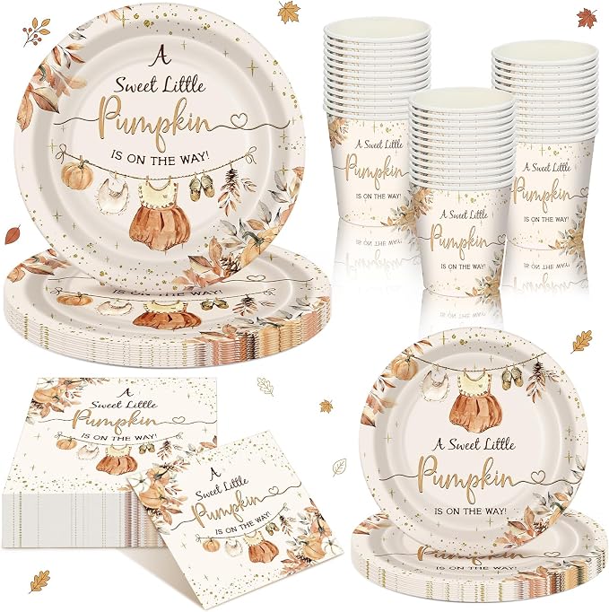168 Pcs Fall Baby Shower Decorations Pumpkin Cloth Party Supplies A Sweet Little Pumpkin Is on the Way Tableware Set Disposable Paper Plates Cups Utensils for Baby Shower Party Serve 24