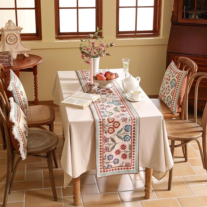 bilin gaier Floral Linen Long Table Runner,Wrinkle-Resistant Rustic Farmhouse Decor with Blue and Red Flower,Decorative Luxury Vintage Runner Table Cloth for Coffee & Dining Table,12"x71" - Lohi