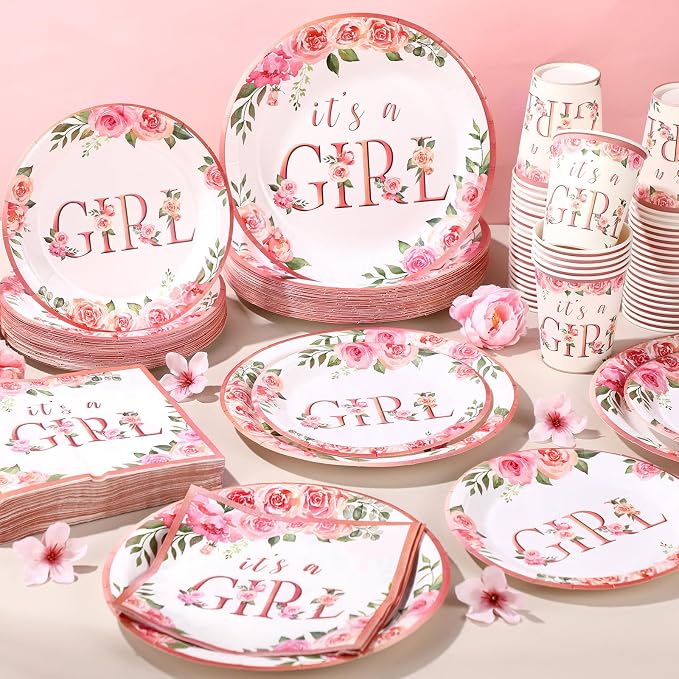 Funnymoom 250 Pcs Baby Shower Decoration for Girl, Pink Floral Paper Plates Napkins and Cups It's a Girl Baby Shower Party Tableware for Gender Reveal Spring Birthday Decorations, Serves 50