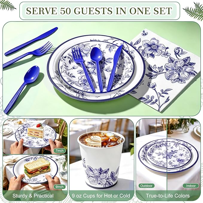 400 Pcs Disposable Blue and White Floral Tableware Set for 50 Guests | Heavy-Duty 7" & 9" Paper Plates, Cups, 13" Napkins & Plastic Cutlery for Bridal Baby Shower and Tea Party Supplies