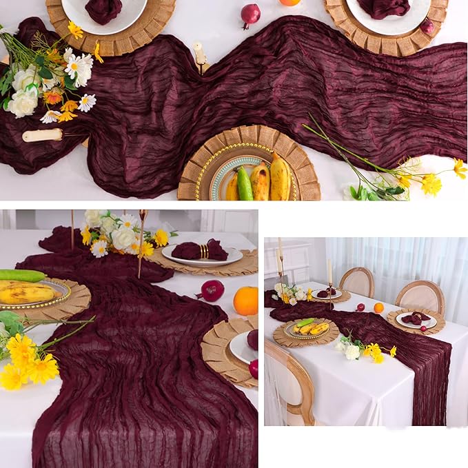 Snowkingdom Burgundy Red Easter Spring Table Runner, 10 Ft Cheesecloth Gauze Rustic Boho Cheese Cloth Runner for Wedding Birthday Bridal Baby Shower Christmas Holiday Long Sheer Home Decorations