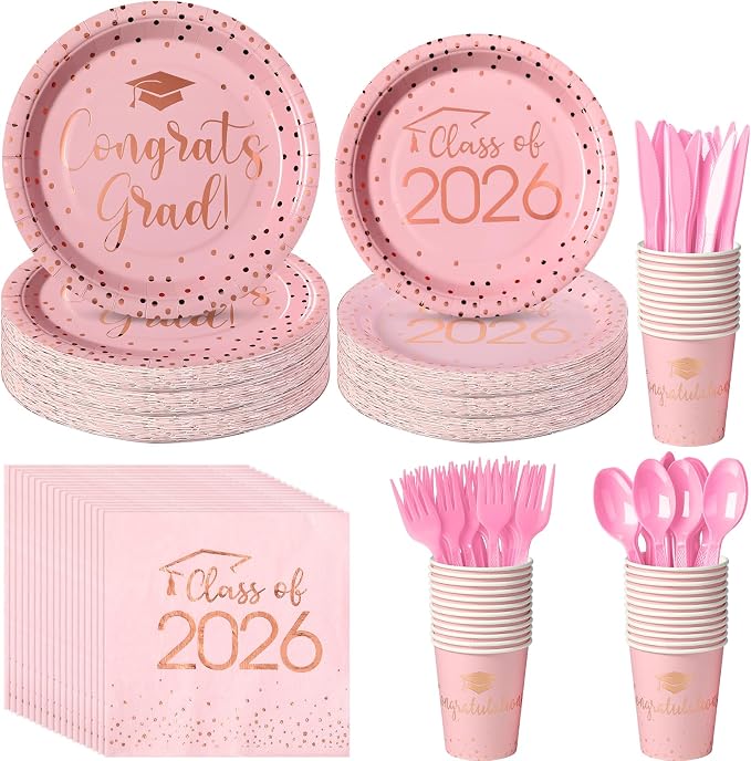 700pcs Class of 2026 Graduation Plates and Napkins Set, Disposable Paper Plate Set Polka Dots Plates Napkins Cups Knife Fork Spoon for Graduation Party Decorations and Supplies,Serve 100(Pink)