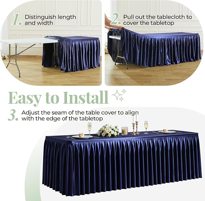 6 Packs Navy Blue Satin Tablecloths Rectangle 6FT, Glitter Fitted Stretch Table Covers Wrinkle-Free Floor Length Shimmer Table Skirt for Weddings Parties Baby Shower Banquets Vendor Events