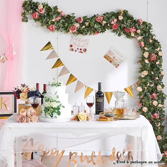 Artificial Flower Garland 3pcs 5.9ft Champagne Pink Floral Peony Vine Decor | PONKING Fake Rose Vine Flowers Hanging Faux Roses String for Room Party Home Wedding Birthday Wall Arch Decoration