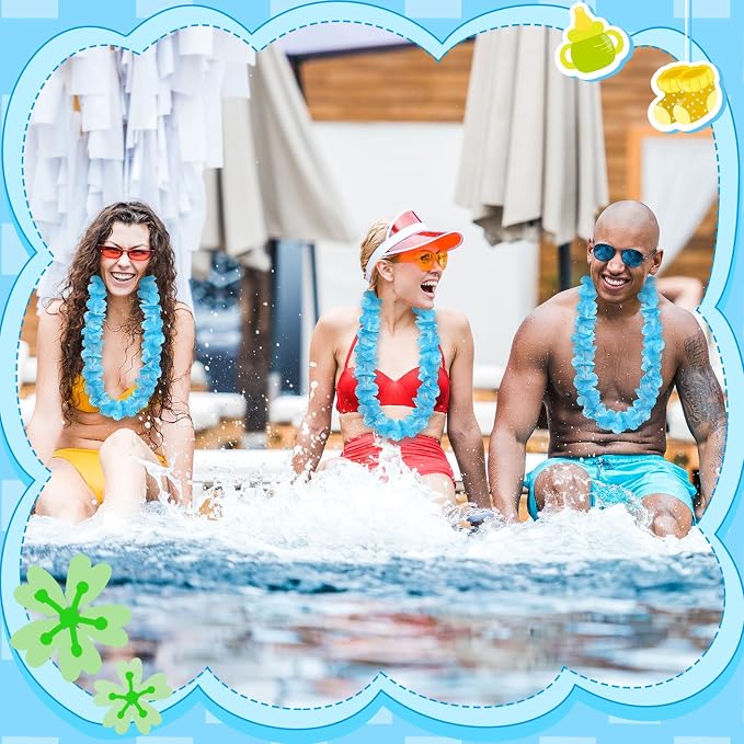 Sherr 48 Pcs LED Hawaiian Leis Light up Flower Leis Necklace with LED Lights Luau Flowers Necklaces for Masquerade Beach Wedding Tropical Themed Party Supplies(Baby Blue)
