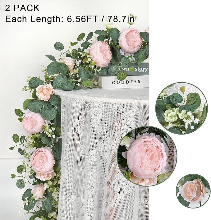 SOMYTING 2 Pack 13FT Flower Garland, Artificial Rose Vine Fake Flower Garland Silk Rose Peony Hanging Vine Faux Floral Garlands for Wedding Party Arch Table Wall Backdrop Decoration (Light Pink, 2PCS)