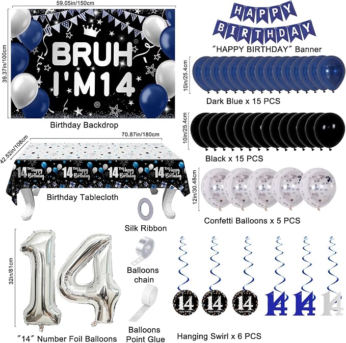 14th Birthday Decorations for Boys Girls, 54 PCS Blue Black Party Decor, 14 Year Old Boy Birthday Party Supplie with Banner Backdrop, Hanging Swirls, Tablecloth, Bruh Its My Birthday Decorations
