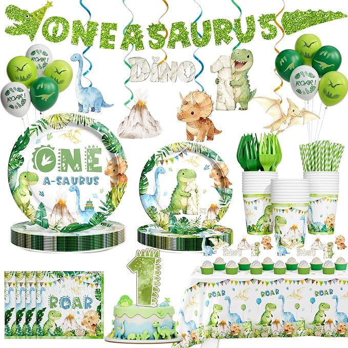 Hombae One a Saurus Birthday Decorations, Dinosaur 1st Birthday Party Supplies with One-A-Saurus Tableware, Plates, Napkins, Hanging Swirls for Boys First Dino Theme Party, Serves 24