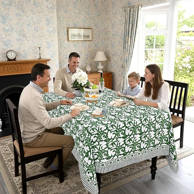 Ridhi Pantone Artichoke Hand Block Print Cotton Rectangle Tablecloth 160" x 72" inches Reusable Table Cover Decorative Everyday Use for Dining Room, Farmhouse, Home Gift for Spring, Mother's Day
