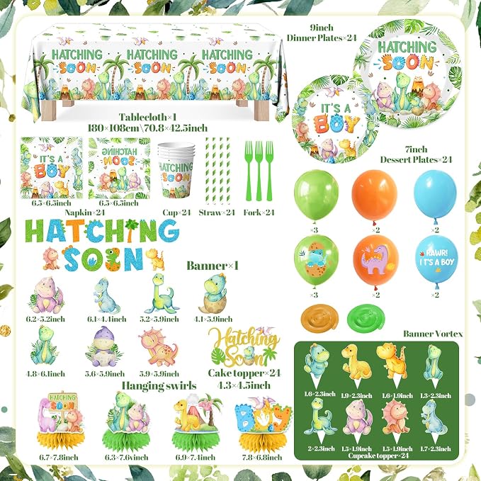 Dinosaur Baby Shower Decorations, Hatching Soon Party Ddecorations includes It's A Boy Plates Dinosaur Napkins and Balloons, Hatching Soon Dino Party Decorations for Boy Baby Shower, Serve 24