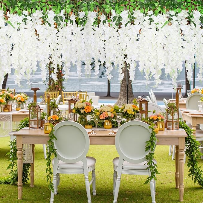 24Pcs Artificial Wisteria Hanging Flowers, 3.6Ft/Pcs White Fake Wisteria Garland for Wedding Party Home Garden Indoor Outdoor Decoration