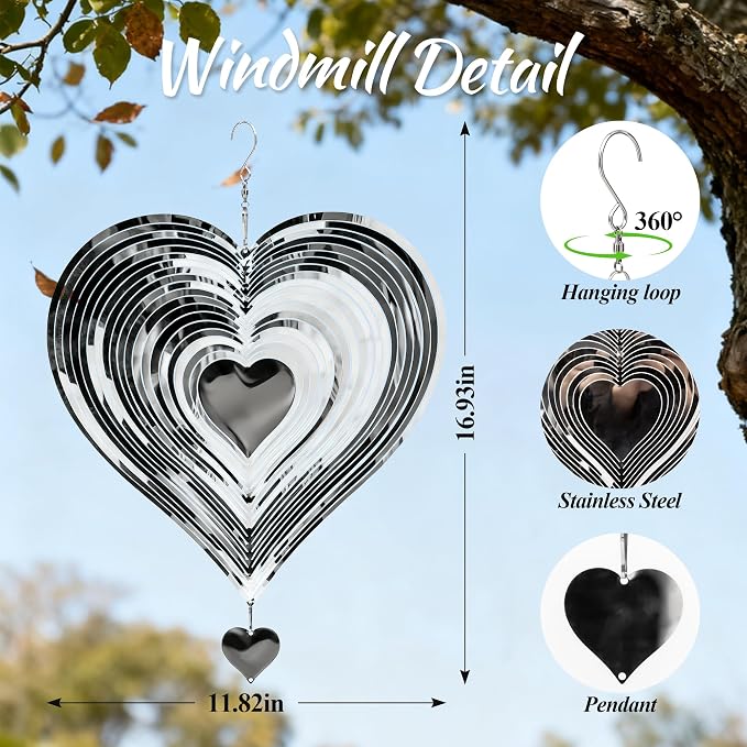 Wind Spinner 12-Inch Outdoor Decoration Gift for Mom | Hanging Yard Art, Garden Decoration for Outdoor and Indoor, Gift for Grandma and Women, 3D Heart, Stainless Steel, 2 Pack