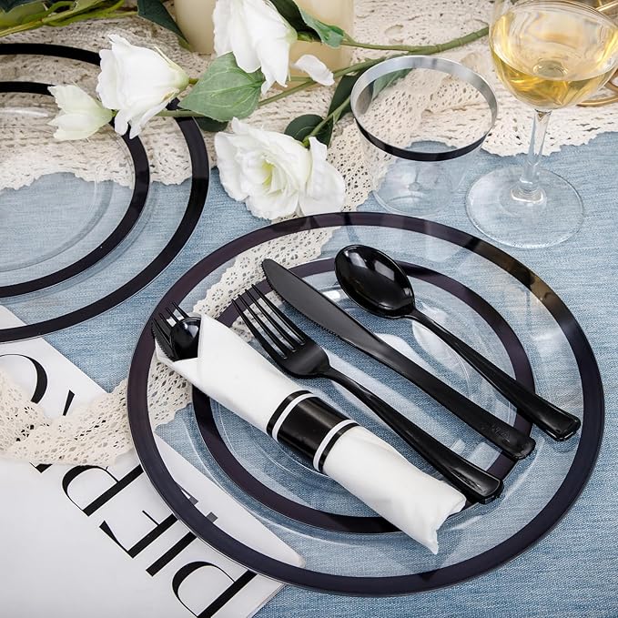 I00000 210 Pcs Clear and Black Plastic Plates, Disposable Dinnerware Set, Include 30 Dinner 30 Dessert Plates,30 Plastic Cups 9 OZ,30 Pre Rolled Napkins with Cutlery for Birthday, Wedding & Party
