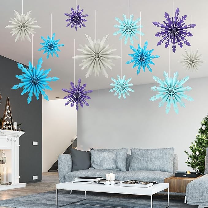 Fuyoooo 12 Pcs Snowflakes Hanging Decorations Blue Purple White Paper Fans Hollow Snowflakes Ceiling Hangings Decor Ice Birthday Fans Decor for Wedding Birthday Holiday Party Decoration(Purple)