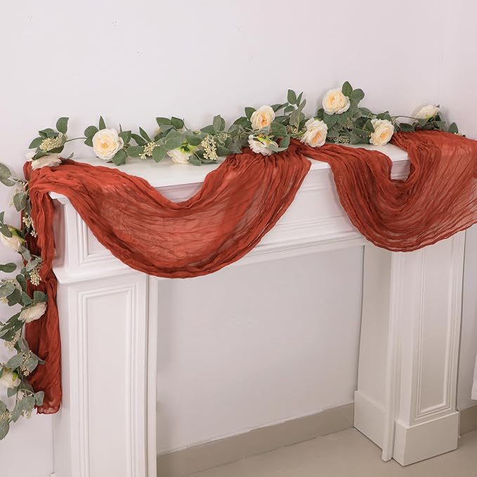 Snowkingdom 6PCS 10Ft Fall Thanksgiving Table Runner Terracotta Rust Cheesecloth Gauze, 120 inch Long Burnt Orange Boho Cheese Cloth for Wedding Bridal Shower Rustic Sheer Table Decorations
