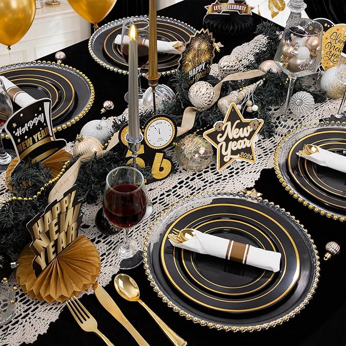 WDF 200PCS Black and Gold Plastic Plates - Black Plates Disposable for Party - Heavy Duty Plastic Plate for Wedding/Party/Birthday/Graduation