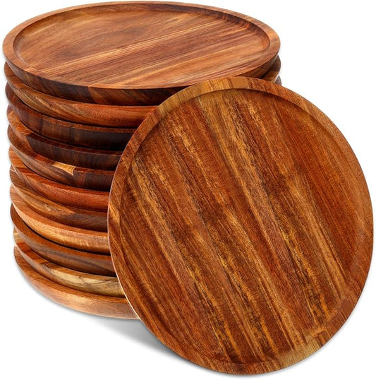 Rtteri 12 Pcs Acacia Wood Dinner Plates Round Wood Dishes Wooden Charger Serving Tray Easy Cleaning Lightweight Unbreakable Classic Plate for Snack Dessert Housewarming Gift(0.98 Inches)